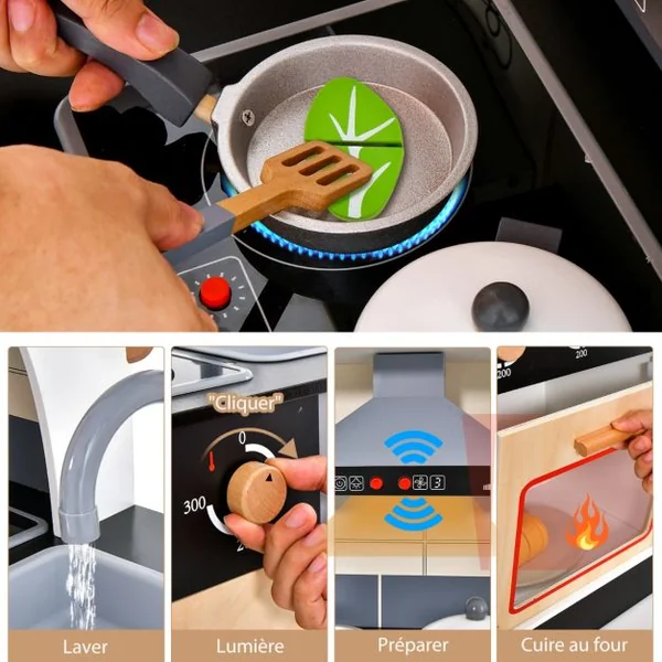 Cuisine Enfants avec Réfrigérateur & 12 Accessoires Jeu de Cuisine avec Machine à Glaçons Espace de Stockage Lumière & Son pour 3 Ans+
