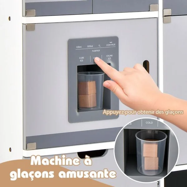 Cuisine Enfants avec Réfrigérateur & 12 Accessoires Jeu de Cuisine avec Machine à Glaçons Espace de Stockage Lumière & Son pour 3 Ans+