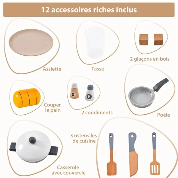 Cuisine Enfants avec Réfrigérateur & 12 Accessoires Jeu de Cuisine avec Machine à Glaçons Espace de Stockage Lumière & Son pour 3 Ans+