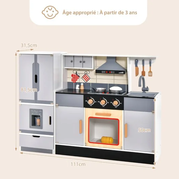 Cuisine Enfants avec Réfrigérateur & 12 Accessoires Jeu de Cuisine avec Machine à Glaçons Espace de Stockage Lumière & Son pour 3 Ans+