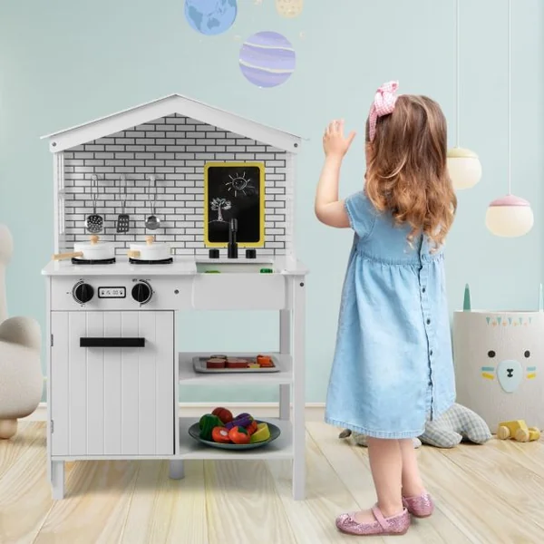 Cuisine Enfants avec Tableau Noir Belles Fenêtres Espace de Rangement Accessoires Riches Cadeau pour Enfants de 3 Ans+