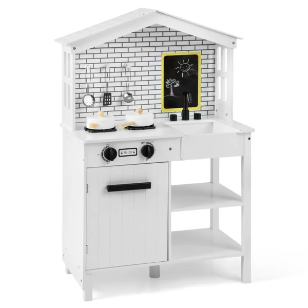 Cuisine Enfants avec Tableau Noir Belles Fenêtres Espace de Rangement Accessoires Riches Cadeau pour Enfants de 3 Ans+