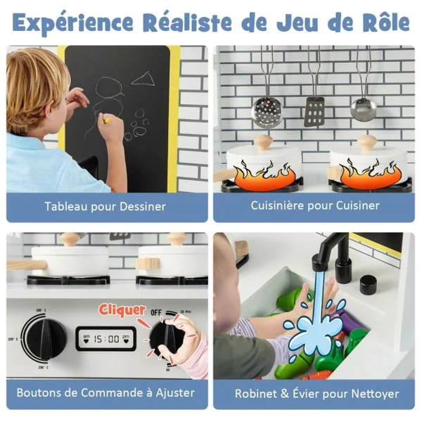 Cuisine Enfants avec Tableau Noir Belles Fenêtres Espace de Rangement Accessoires Riches Cadeau pour Enfants de 3 Ans+