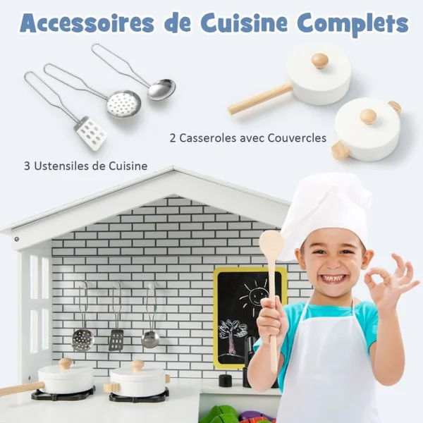 Cuisine Enfants avec Tableau Noir Belles Fenêtres Espace de Rangement Accessoires Riches Cadeau pour Enfants de 3 Ans+