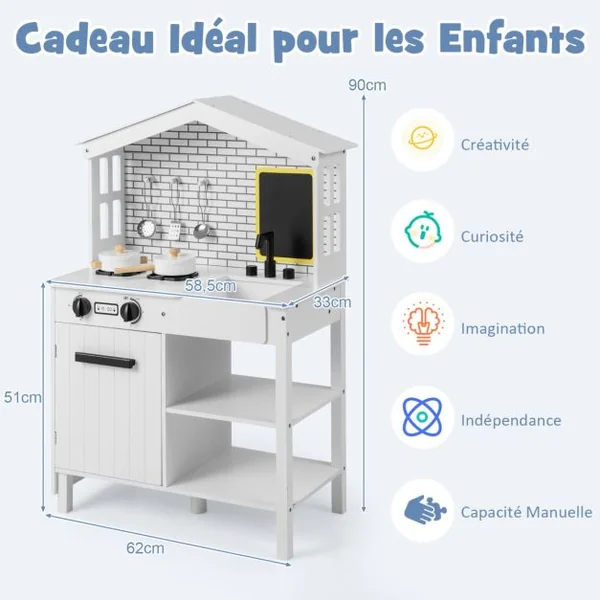 Cuisine Enfants avec Tableau Noir Belles Fenêtres Espace de Rangement Accessoires Riches Cadeau pour Enfants de 3 Ans+