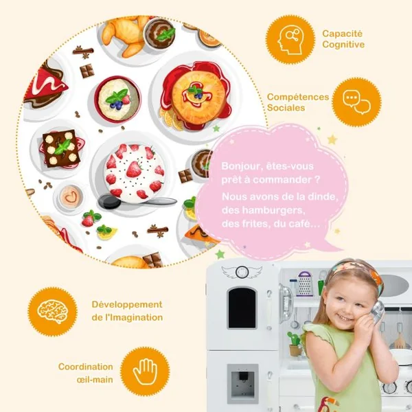 Cuisine Enfants avec Téléphone & Tableau Noir Cuisiniere Enfants avec Lumière & Effet Sonore pour Enfants de 3 Ans+