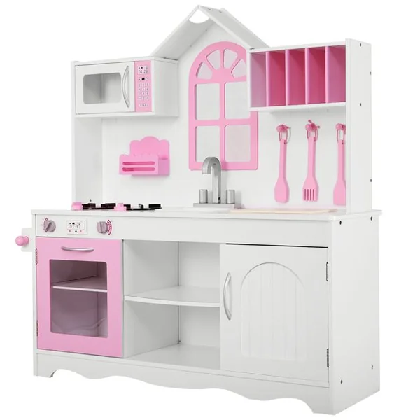 Cuisine Enfants Dinette en Bois avec Evier, Four Micro-ondes Cuisinières 3 Spatules 109 x 32 x 106,5 cm Rose