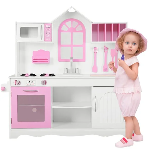 Cuisine Enfants Dinette en Bois avec Evier, Four Micro-ondes Cuisinières 3 Spatules 109 x 32 x 106,5 cm Rose