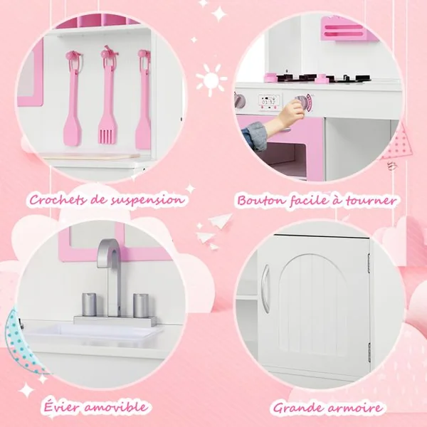 Cuisine Enfants Dinette en Bois avec Evier, Four Micro-ondes Cuisinières 3 Spatules 109 x 32 x 106,5 cm Rose