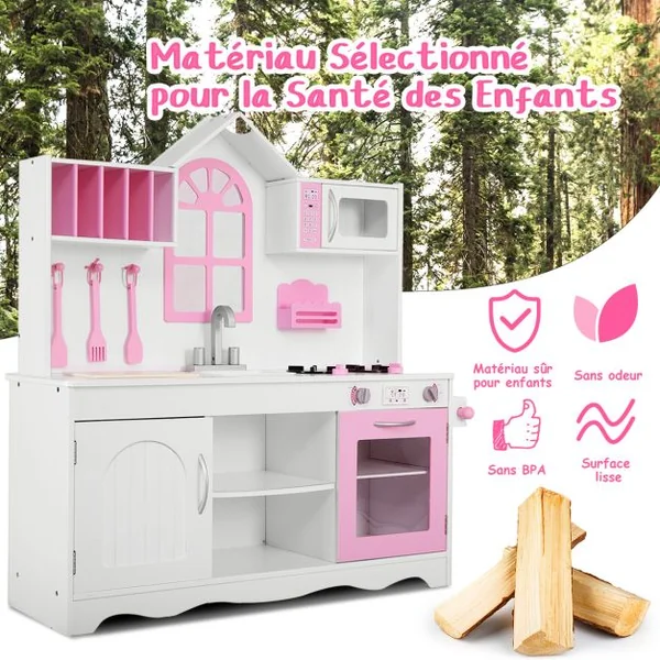 Cuisine Enfants Dinette en Bois avec Evier, Four Micro-ondes Cuisinières 3 Spatules 109 x 32 x 106,5 cm Rose