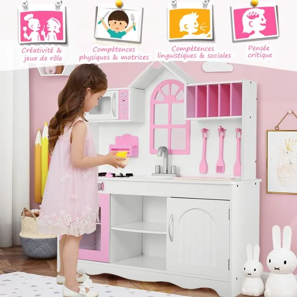 Cuisine Enfants Dinette en Bois avec Evier, Four Micro-ondes Cuisinières 3 Spatules 109 x 32 x 106,5 cm Rose