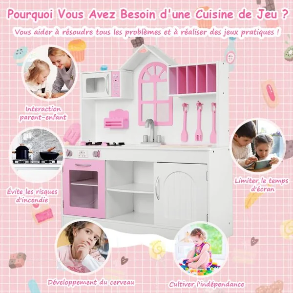 Cuisine Enfants Dinette en Bois avec Evier, Four Micro-ondes Cuisinières 3 Spatules 109 x 32 x 106,5 cm Rose