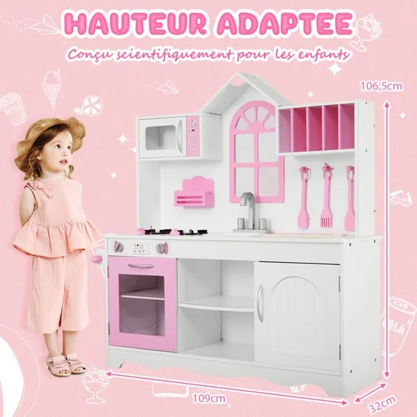 Cuisine Enfants Dinette en Bois avec Evier, Four Micro-ondes Cuisinières 3 Spatules 109 x 32 x 106,5 cm Rose