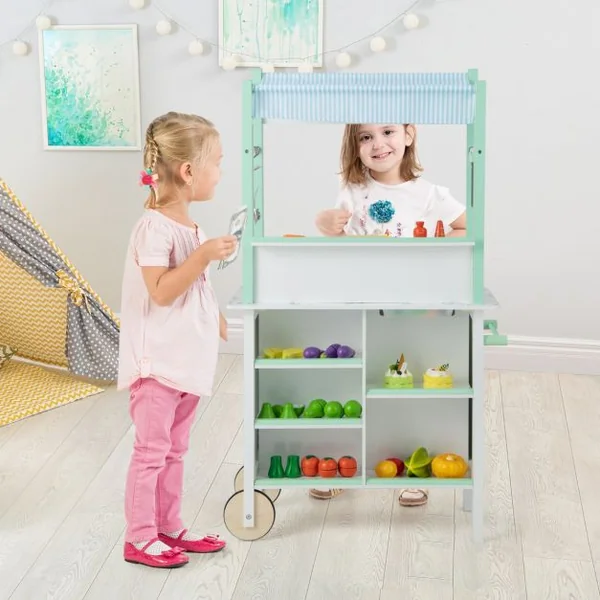 Cuisine Enfants Double Face avec 17 Accessoires & Lumières LED Télécommande & 2 Roues Évier Amovible Épicerie pour 3 Ans+ Vert