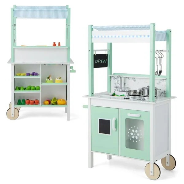 Cuisine Enfants Double Face avec 17 Accessoires & Lumières LED Télécommande & 2 Roues Évier Amovible Épicerie pour 3 Ans+ Vert