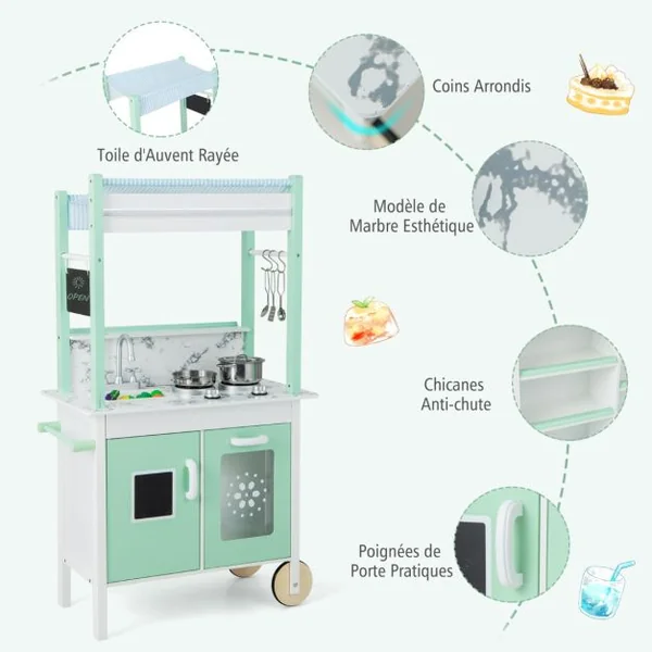 Cuisine Enfants Double Face avec 17 Accessoires & Lumières LED Télécommande & 2 Roues Évier Amovible Épicerie pour 3 Ans+ Vert