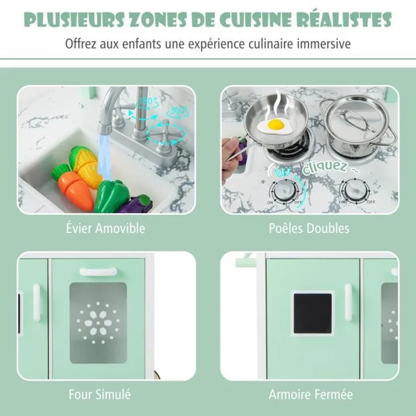 Cuisine Enfants Double Face avec 17 Accessoires & Lumières LED Télécommande & 2 Roues Évier Amovible Épicerie pour 3 Ans+ Vert