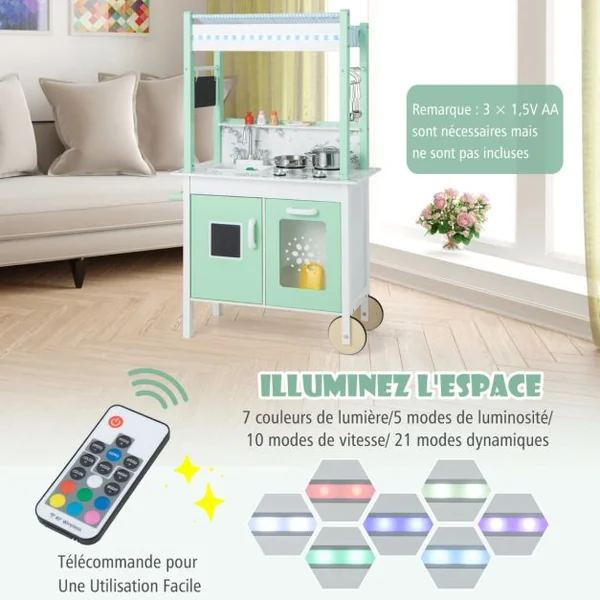 Cuisine Enfants Double Face avec 17 Accessoires & Lumières LED Télécommande & 2 Roues Évier Amovible Épicerie pour 3 Ans+ Vert