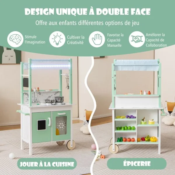 Cuisine Enfants Double Face avec 17 Accessoires & Lumières LED Télécommande & 2 Roues Évier Amovible Épicerie pour 3 Ans+ Vert