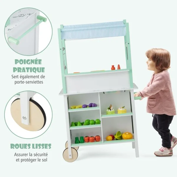 Cuisine Enfants Double Face avec 17 Accessoires & Lumières LED Télécommande & 2 Roues Évier Amovible Épicerie pour 3 Ans+ Vert
