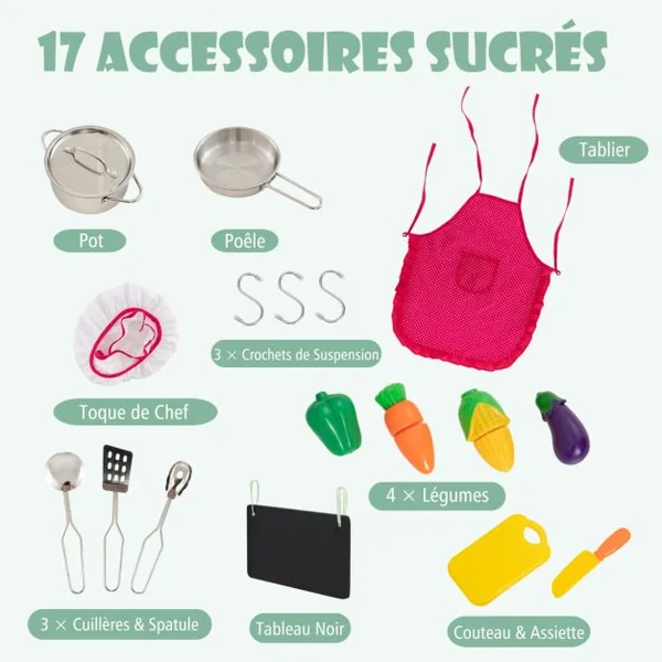 Cuisine Enfants Double Face avec 17 Accessoires & Lumières LED Télécommande & 2 Roues Évier Amovible Épicerie pour 3 Ans+ Vert