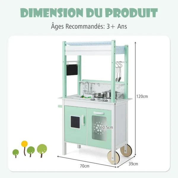 Cuisine Enfants Double Face avec 17 Accessoires & Lumières LED Télécommande & 2 Roues Évier Amovible Épicerie pour 3 Ans+ Vert