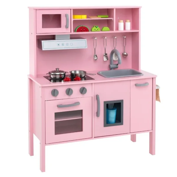 Cuisine Enfants en Bois 3-6 Ans 18 Accessoires avec Évier Micro-ondes Dispositif Anti-basculement Blanc/Rose/Gris/Rose+Blanc