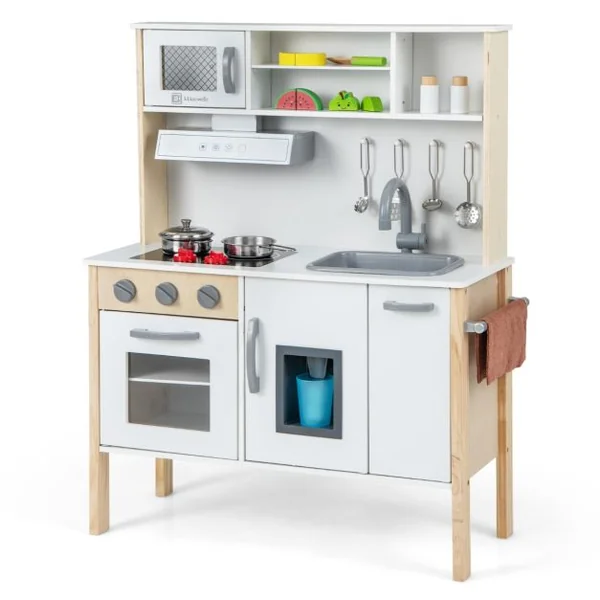Cuisine Enfants en Bois 3-6 Ans 18 Accessoires avec Évier Micro-ondes Dispositif Anti-basculement Blanc/Rose/Gris/Rose+Blanc