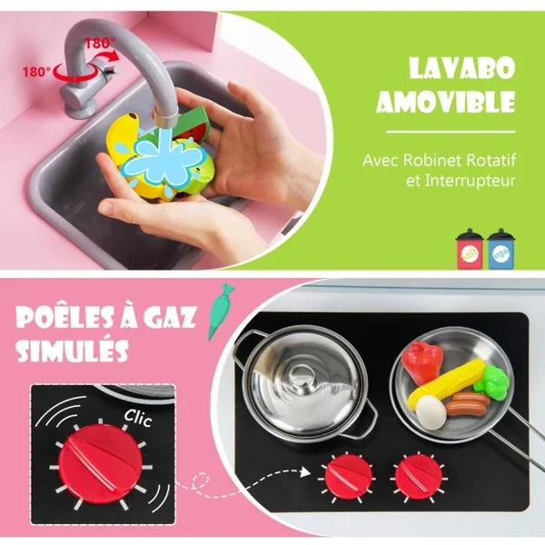Cuisine Enfants en Bois 3-6 Ans 18 Accessoires avec Évier Micro-ondes Dispositif Anti-basculement Blanc/Rose/Gris/Rose+Blanc