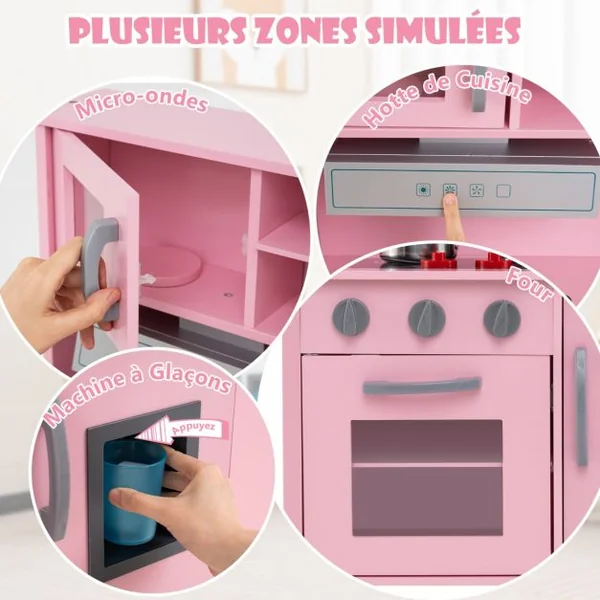 Cuisine Enfants en Bois 3-6 Ans 18 Accessoires avec Évier Micro-ondes Dispositif Anti-basculement Blanc/Rose/Gris/Rose+Blanc