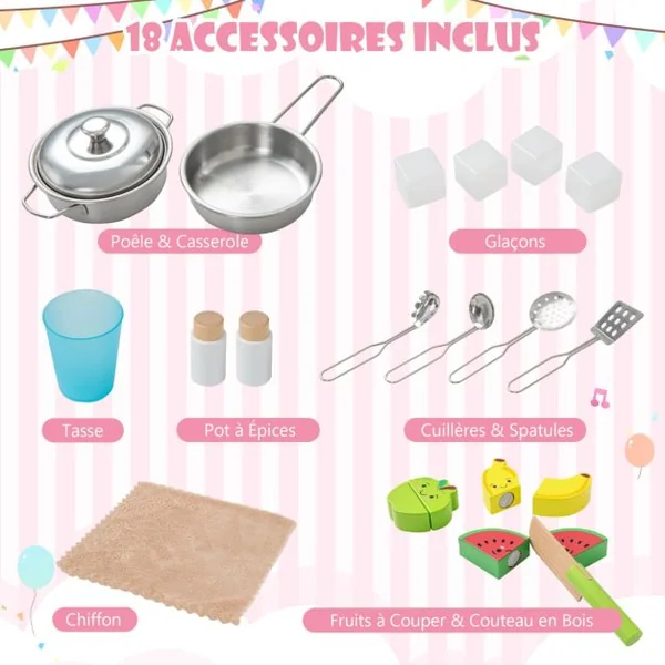 Cuisine Enfants en Bois 3-6 Ans 18 Accessoires avec Évier Micro-ondes Dispositif Anti-basculement Blanc/Rose/Gris/Rose+Blanc