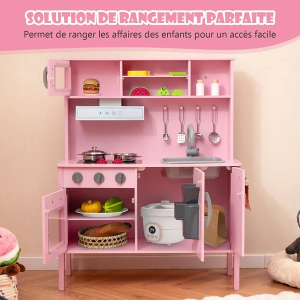 Cuisine Enfants en Bois 3-6 Ans 18 Accessoires avec Évier Micro-ondes Dispositif Anti-basculement Blanc/Rose/Gris/Rose+Blanc