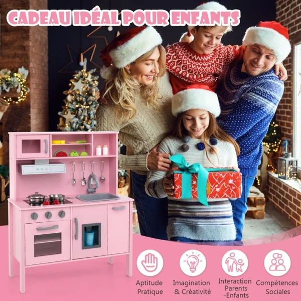 Cuisine Enfants en Bois 3-6 Ans 18 Accessoires avec Évier Micro-ondes Dispositif Anti-basculement Blanc/Rose/Gris/Rose+Blanc