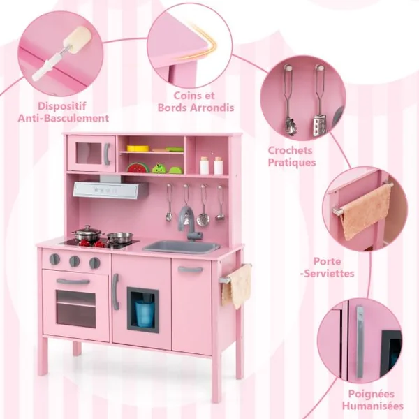 Cuisine Enfants en Bois 3-6 Ans 18 Accessoires avec Évier Micro-ondes Dispositif Anti-basculement Blanc/Rose/Gris/Rose+Blanc