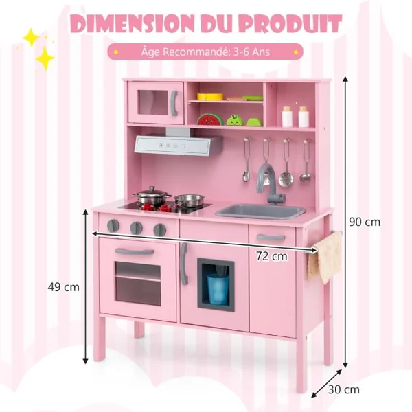 Cuisine Enfants en Bois 3-6 Ans 18 Accessoires avec Évier Micro-ondes Dispositif Anti-basculement Blanc/Rose/Gris/Rose+Blanc