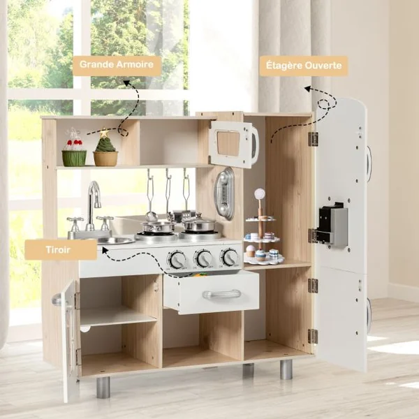 Cuisine Enfants en Bois 3 Ans+Téléphone & Horloge InclusLumière & Effet Sonore 6 Accessoires