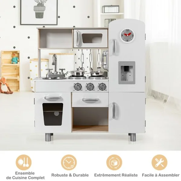 Cuisine Enfants en Bois 3 Ans+Téléphone & Horloge InclusLumière & Effet Sonore 6 Accessoires