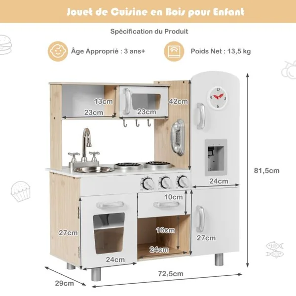Cuisine Enfants en Bois 3 Ans+Téléphone & Horloge InclusLumière & Effet Sonore 6 Accessoires