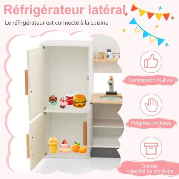 Cuisine Enfants en Bois avec 16 Accessoires & Horloge Réfrigérateur & Hotte Espace de Stockage Lumière pour 3 Ans+