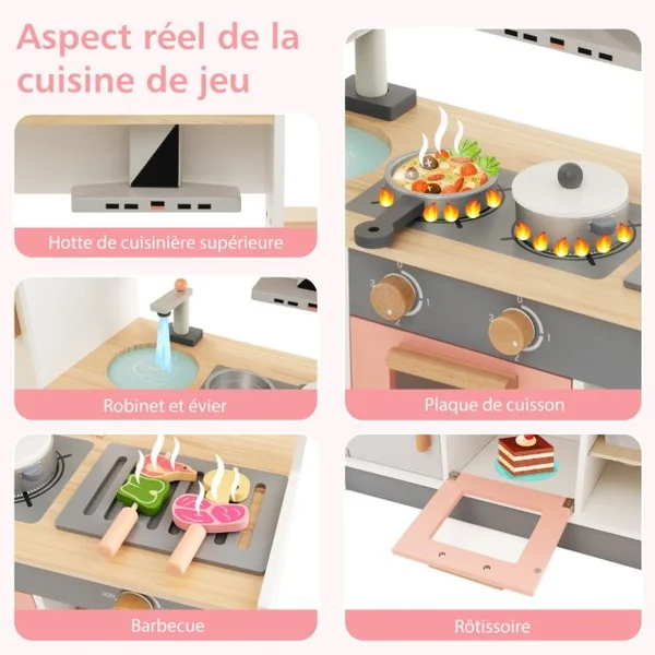 Cuisine Enfants en Bois avec 16 Accessoires & Horloge Réfrigérateur & Hotte Espace de Stockage Lumière pour 3 Ans+