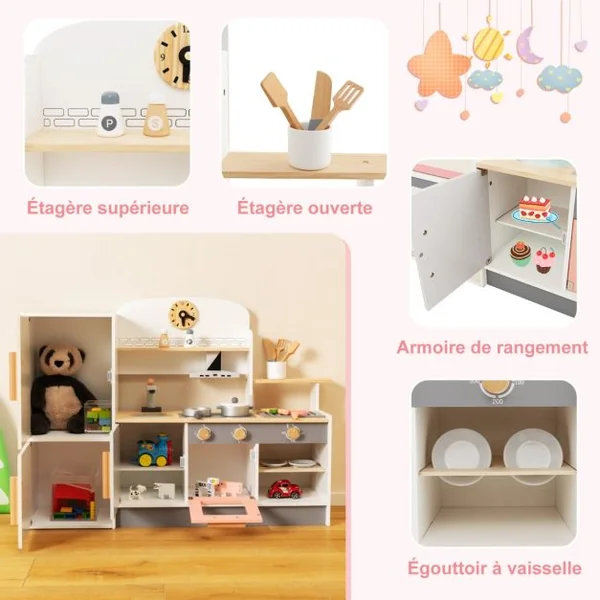 Cuisine Enfants en Bois avec 16 Accessoires & Horloge Réfrigérateur & Hotte Espace de Stockage Lumière pour 3 Ans+