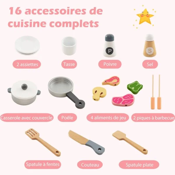 Cuisine Enfants en Bois avec 16 Accessoires & Horloge Réfrigérateur & Hotte Espace de Stockage Lumière pour 3 Ans+