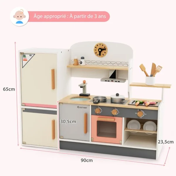 Cuisine Enfants en Bois avec 16 Accessoires & Horloge Réfrigérateur & Hotte Espace de Stockage Lumière pour 3 Ans+