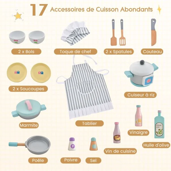 Cuisine Enfants en Bois avec 17 Accessoires pour Enfants de 3 Ans+