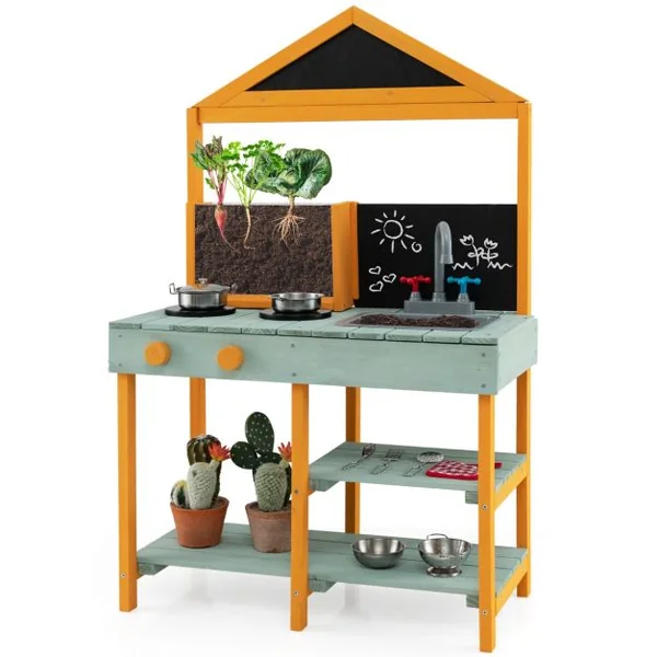 Cuisine Enfants Extérieure 8 Accessoires avec Tableau Noir & Jardinière en Bois de Sapin Robinet Rotatif & Evier Amovible