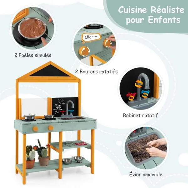 Cuisine Enfants Extérieure 8 Accessoires avec Tableau Noir & Jardinière en Bois de Sapin Robinet Rotatif & Evier Amovible