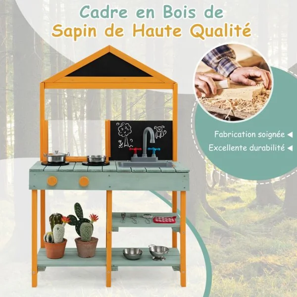 Cuisine Enfants Extérieure 8 Accessoires avec Tableau Noir & Jardinière en Bois de Sapin Robinet Rotatif & Evier Amovible