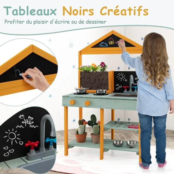 Cuisine Enfants Extérieure 8 Accessoires avec Tableau Noir & Jardinière en Bois de Sapin Robinet Rotatif & Evier Amovible
