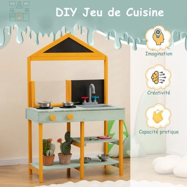 Cuisine Enfants Extérieure 8 Accessoires avec Tableau Noir & Jardinière en Bois de Sapin Robinet Rotatif & Evier Amovible
