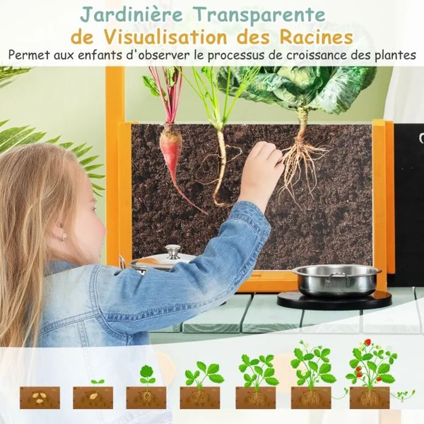 Cuisine Enfants Extérieure 8 Accessoires avec Tableau Noir & Jardinière en Bois de Sapin Robinet Rotatif & Evier Amovible
